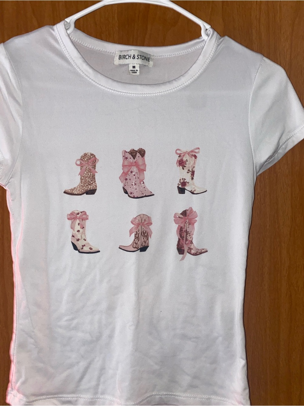 Birch & Stone White Crop Top with Pink Boot Graphic